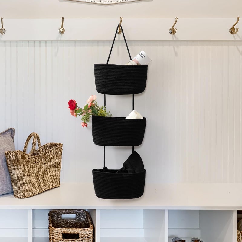 TeoKJ Over the Door Organizer, 3-Tier Woven Cotton Hanging Kitchen Baskets Storage Organizer Bag with Hooks Wall-Mounted Decorative Rope Baskets - Black - Image 4